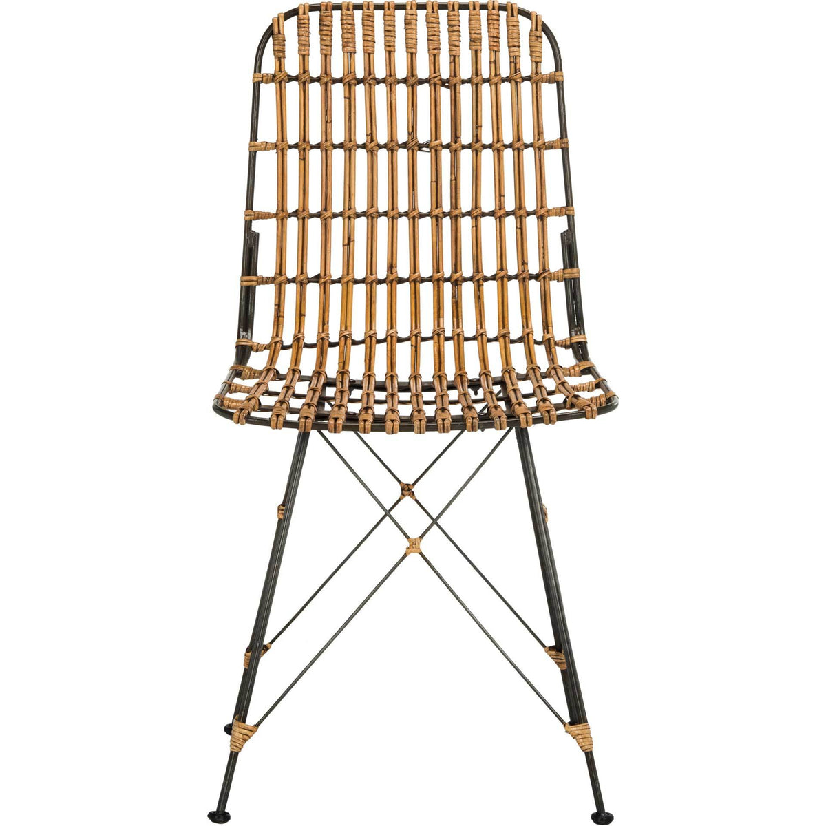 Natural brown wicker strands shape a tall, rounded back above delicate black metal supports. || WIK6510B-SET2 || front_studio