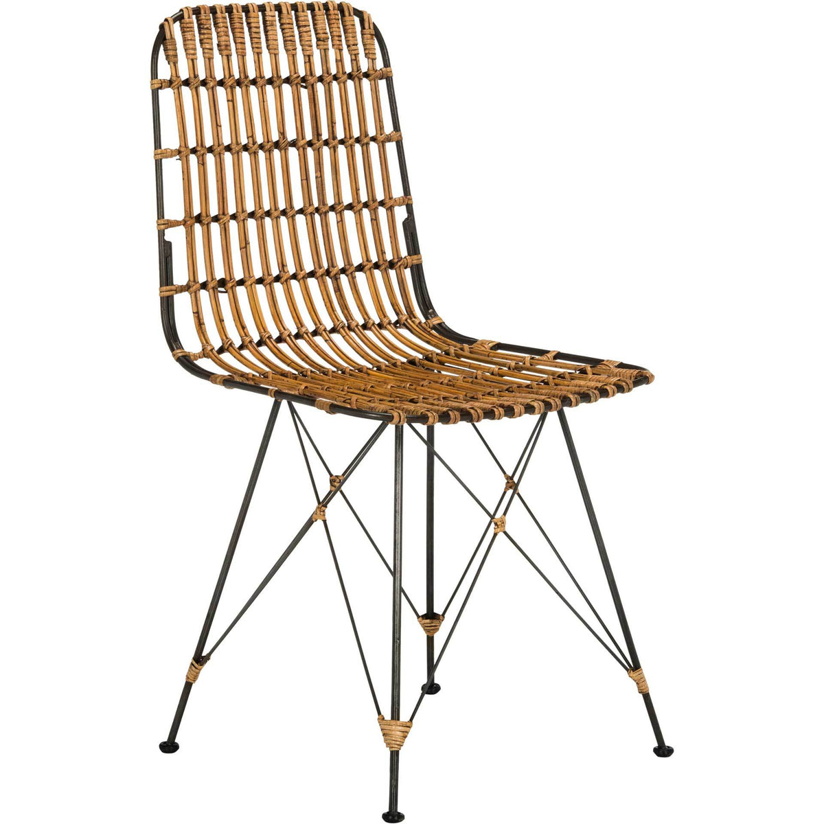 Warm natural brown rattan and black metal create an open, sculptural dining chair. || WIK6510B-SET2 || front_angle_studio