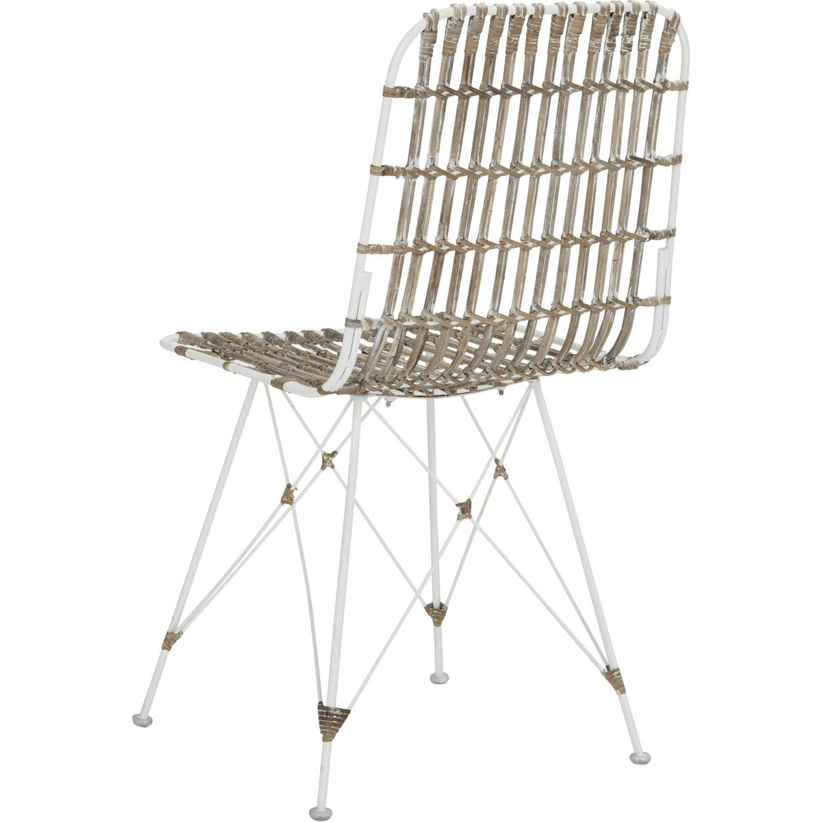 Lightly whitewashed rattan strands give the arched back a relaxed, organic texture.