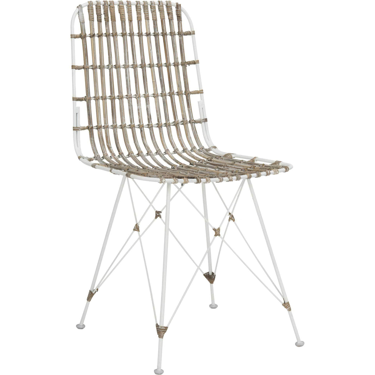 Whitewashed rattan curves into an airy seat and rounded back above slender white metal legs. || WIK6510C-SET2 || front_angle_studio