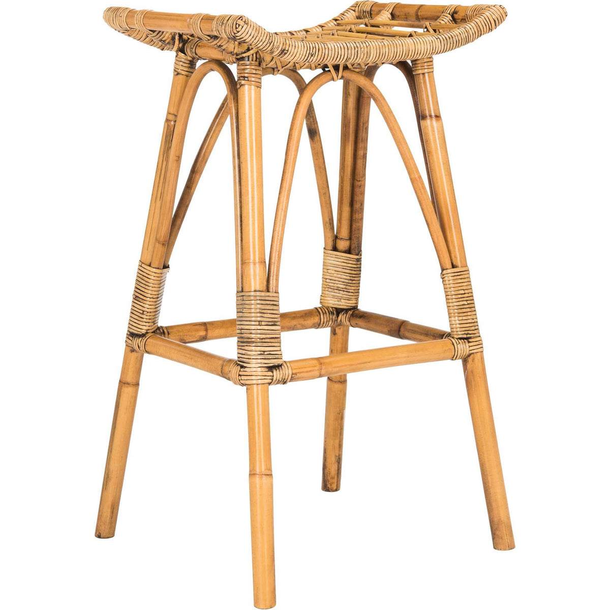Honey-brown rattan bar stool pairs a breezy open-weave seat with a tall, gracefully arched frame || WIK6511A || front_angle_studio
