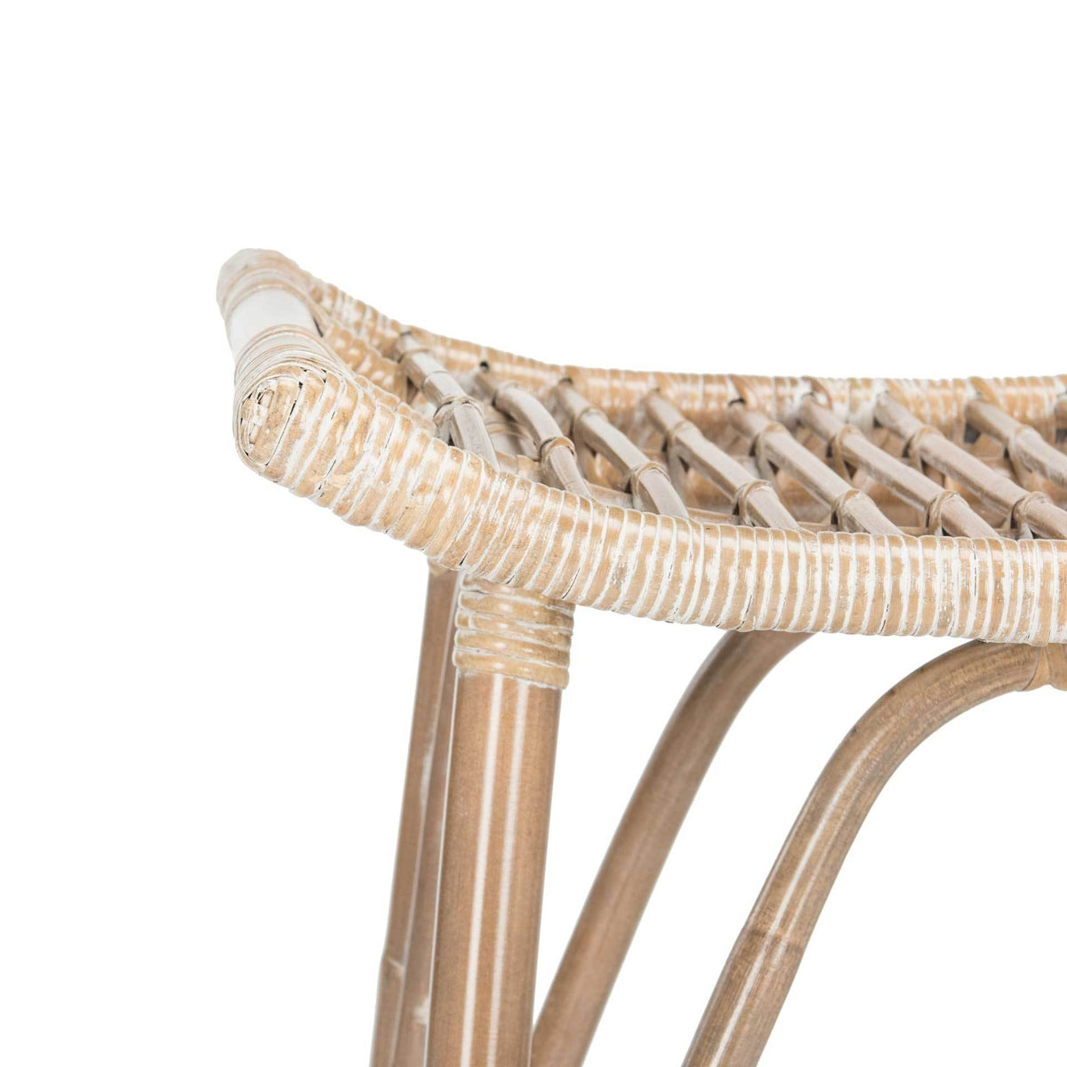 Wrapped rattan seat edge adds handcrafted texture above the bar stool's curved support