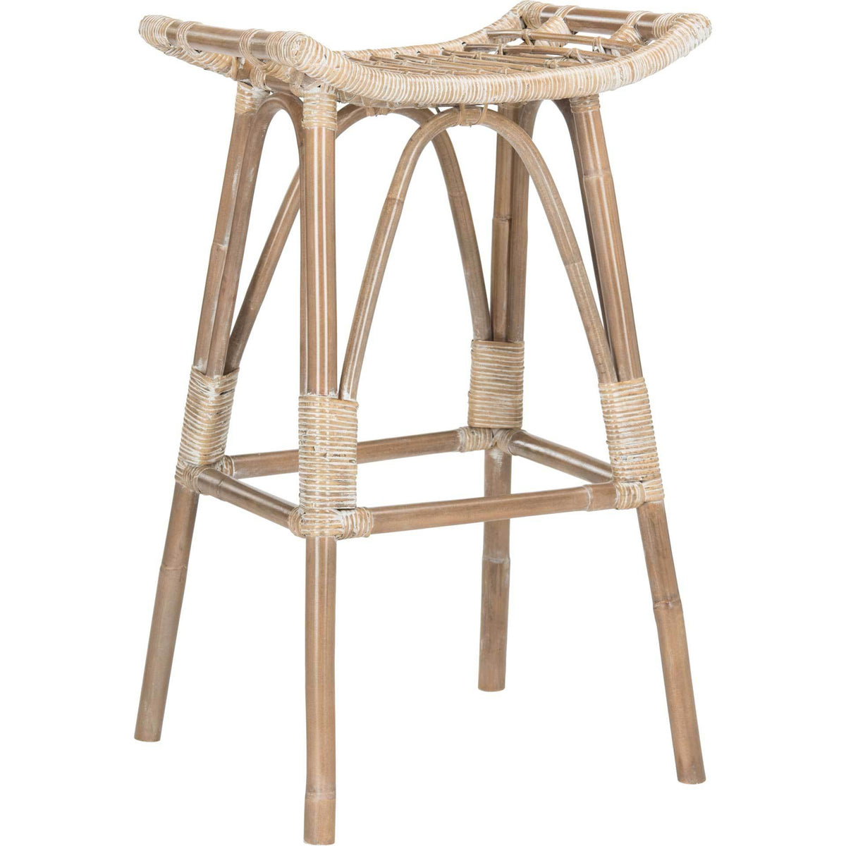 Tall whitewashed rattan bar stool with an open-weave seat and graceful curved supports || WIK6511B || front_angle_studio