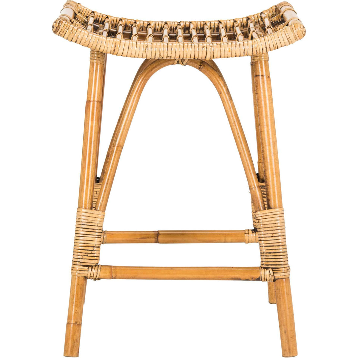 Honey-brown rattan counter stool balances a handwoven saddle seat over an arched frame || WIK6512A || front_studio