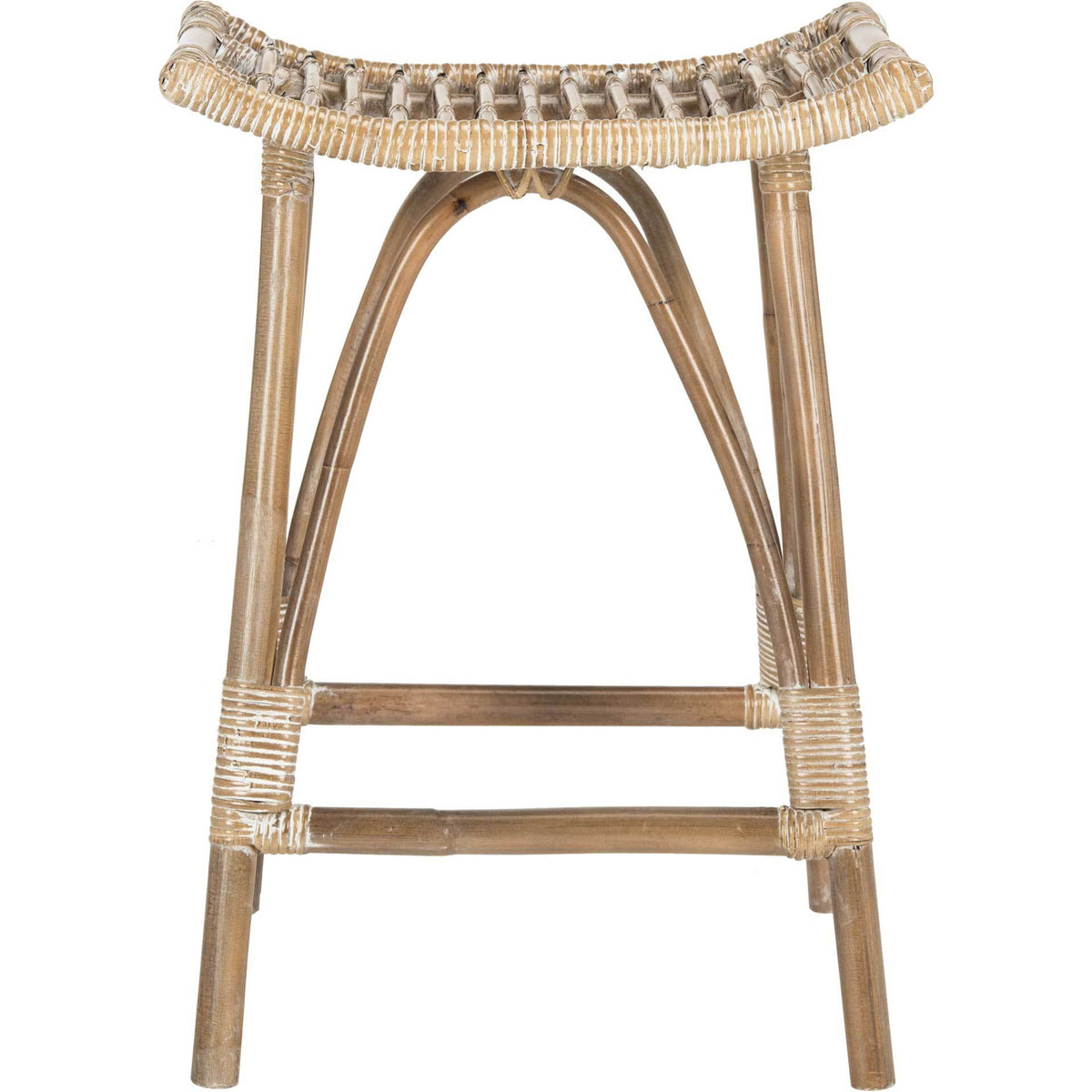 Whitewashed rattan counter stool balances a woven saddle seat over arched supports and a low footrest || WIK6512B || front_studio