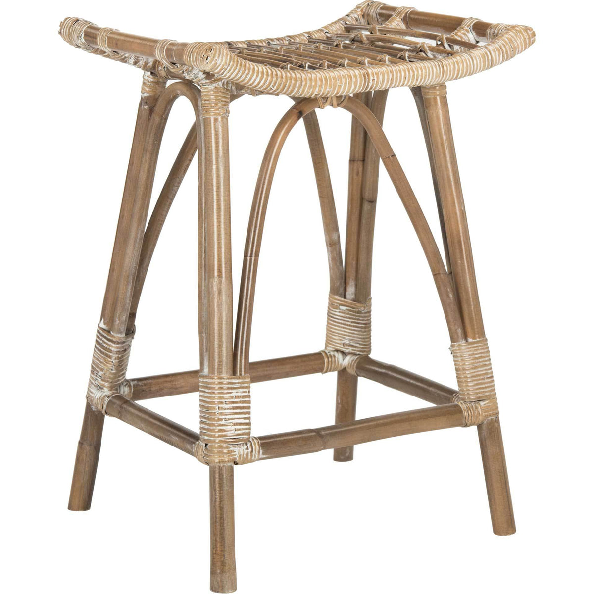 Whitewashed rattan counter stool with a woven saddle seat, arched supports, and a wrapped footrest