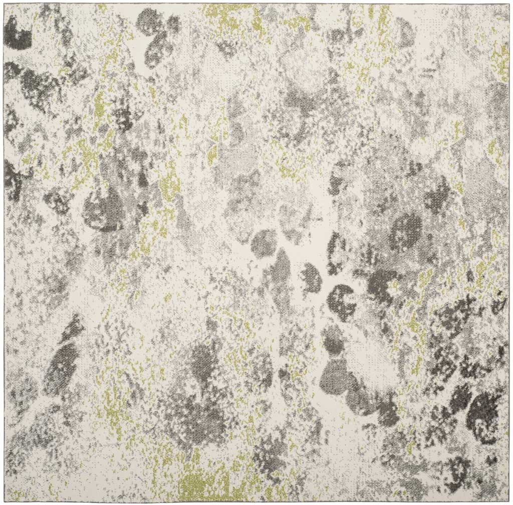 Square ivory rug with layered gray mottling and scattered hints of soft lime green.