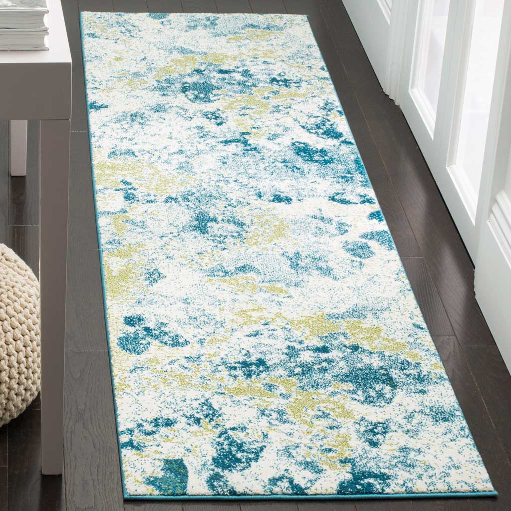 Blue and ivory runner with warm yellow accents that bring color to a narrow space