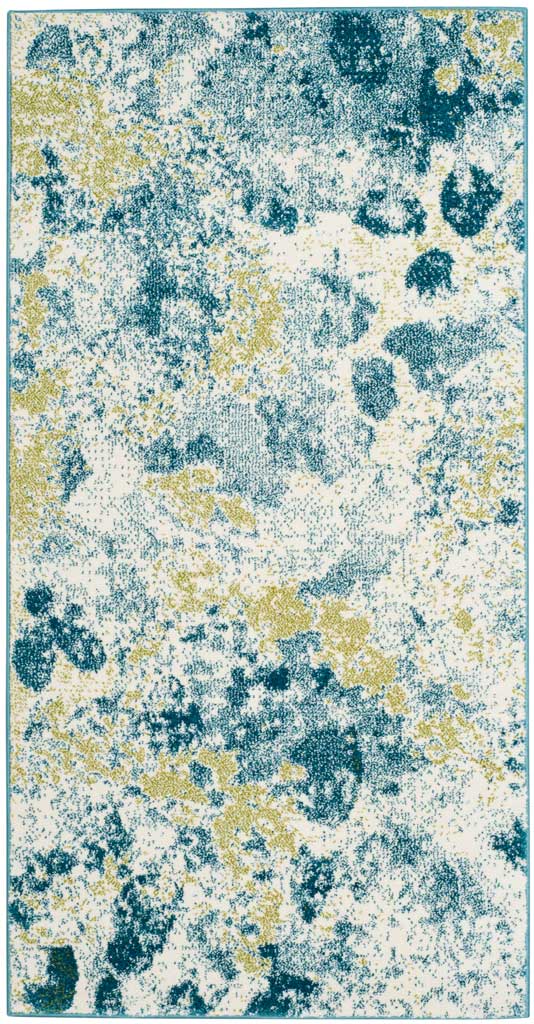 Compact ivory rug with deep blue speckles and sunlit yellow washes for vivid floor color.
