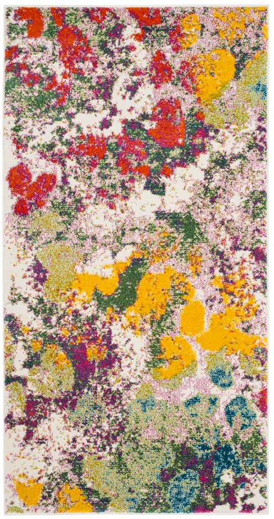 Rose-red, yellow, and green splashes give this compact ivory rug vibrant abstract character.