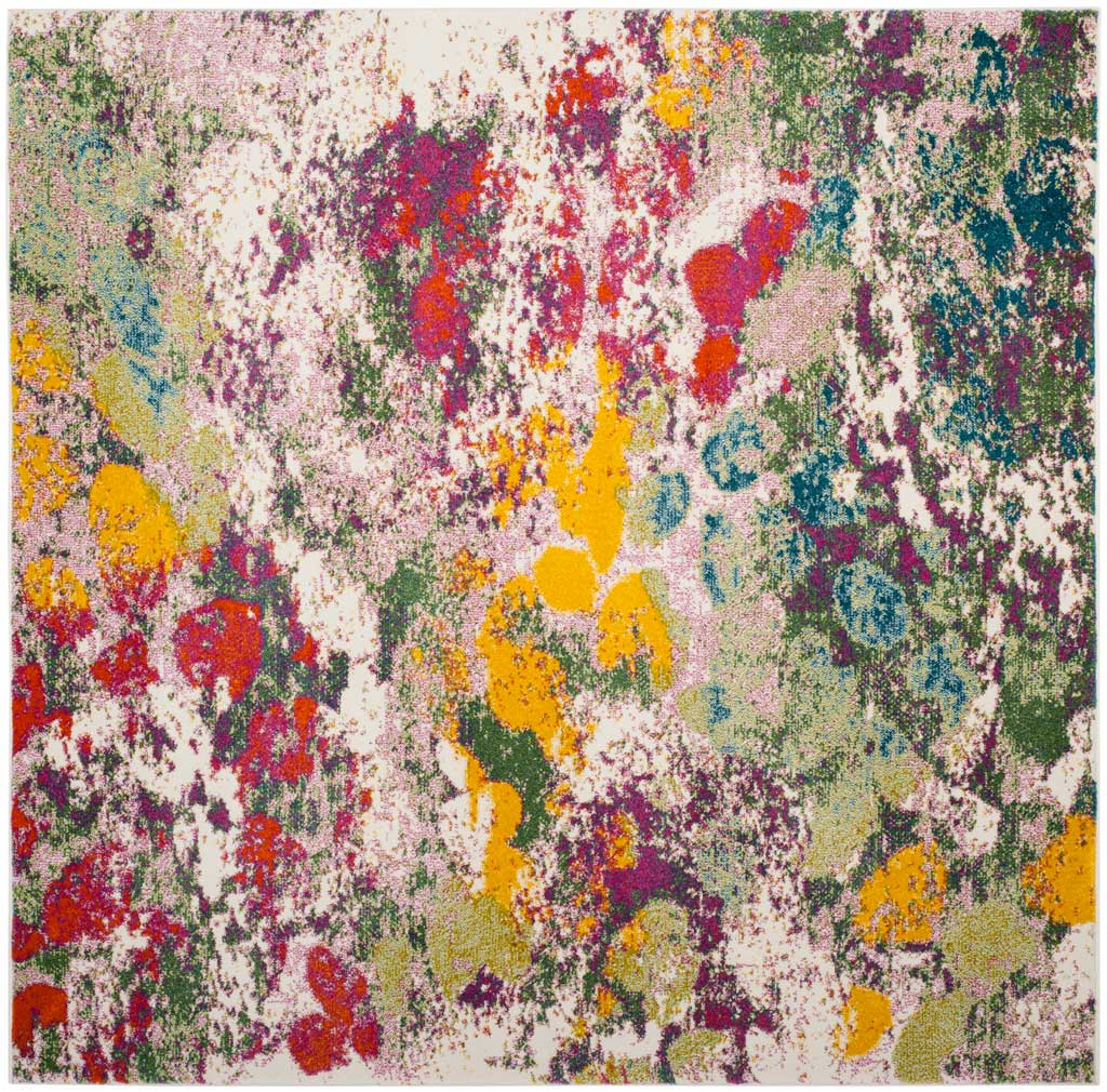 Square rug bursts with rose, leafy green, sunny yellow, and teal against an ivory ground.