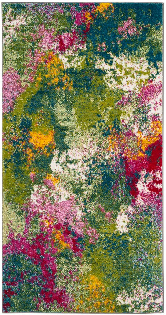 A narrow rectangular rug brings energetic pink and gold flecks to a field of teal and green.
