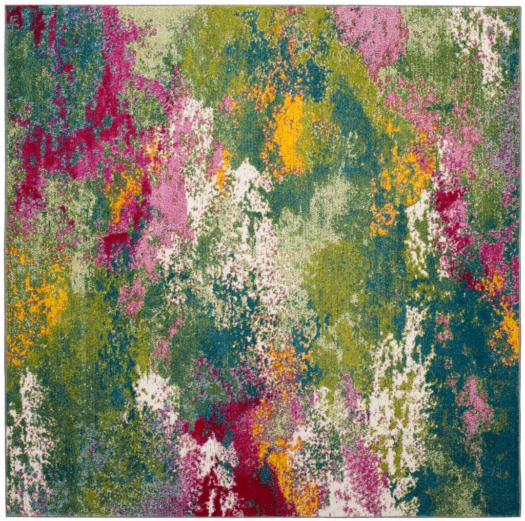A square rug blends vivid fuchsia, leafy green and deep teal with sunny yellow accents.