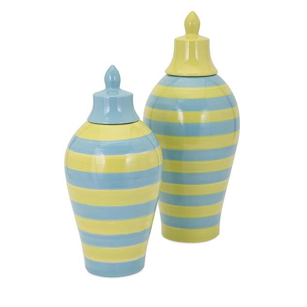 Saline Blue And Green Striped Lidded Vase Small