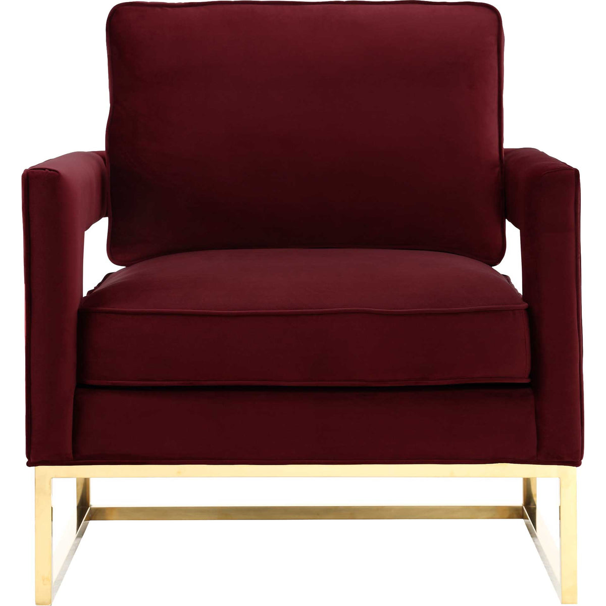A generous maroon velvet seat, piped back cushion, and padded arms invite you to settle in. || TOV-A110 || front_studio