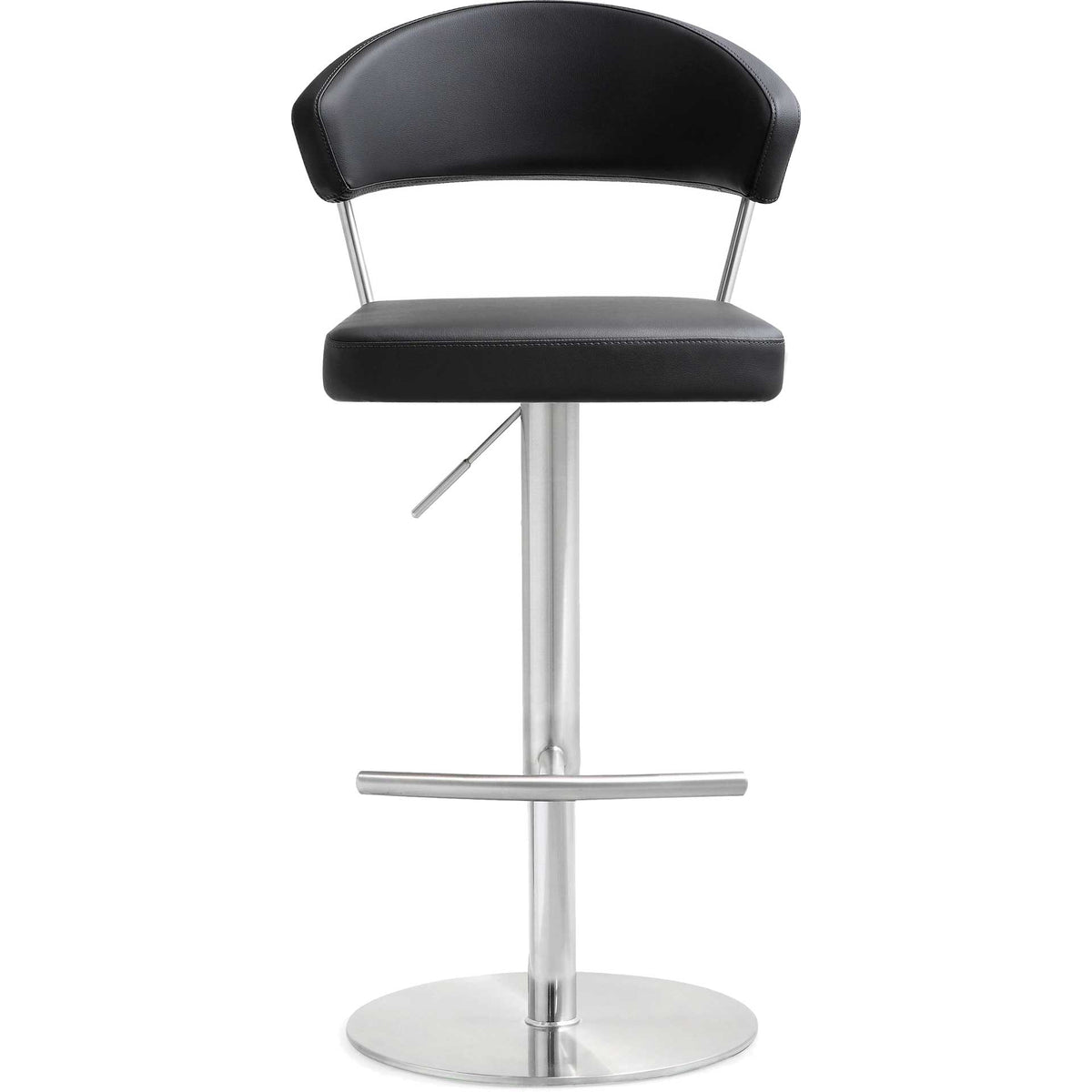 A cushioned black seat, curved backrest, and wide footrest bring comfort to sleek bar seating || TOV-K3627 || front_studio