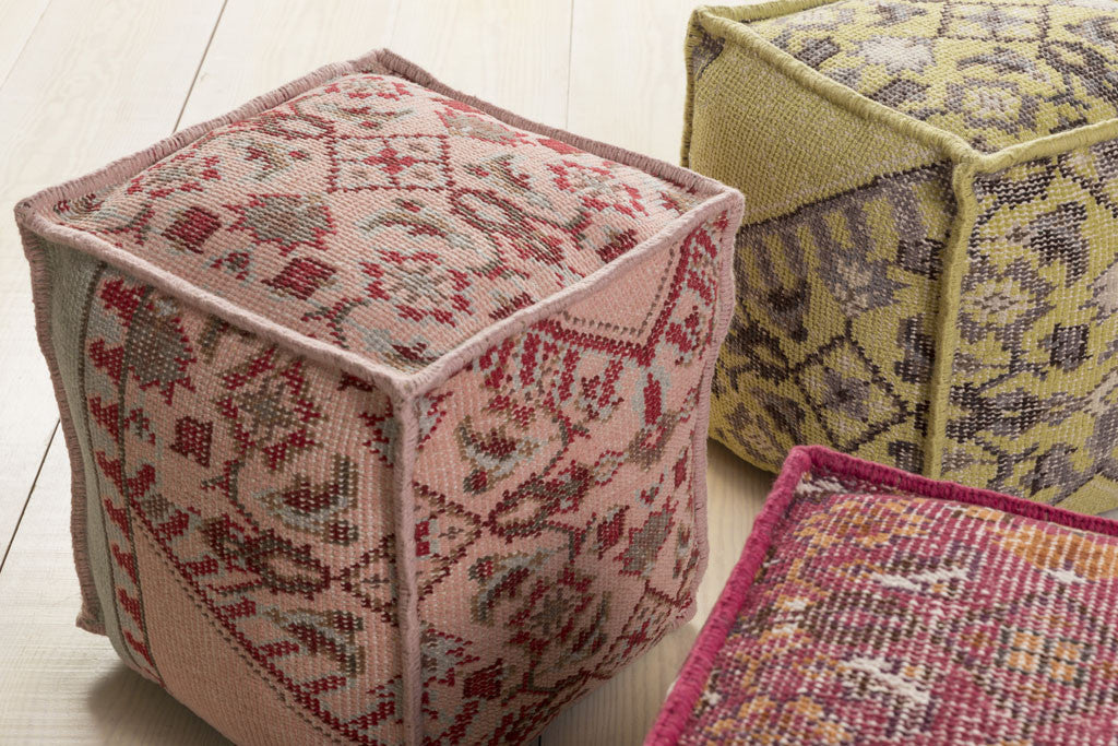 Zahara Ikat Pastel Pink/Burgundy Cube Pouf